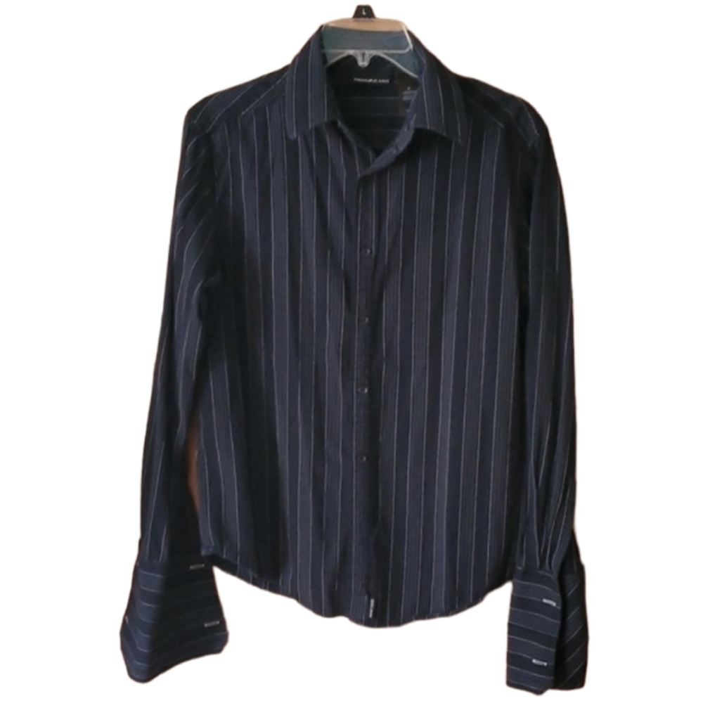 DKNY Jeans Mens French Cuff Black Striped Buttondown Shirt Size Medium‎